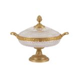 A FRENCH GILT BRONZE AND CUT GLASS PEDESTAL DISH AND COVER, IN THE LOUIS XII STYLE, 20TH CENTURY