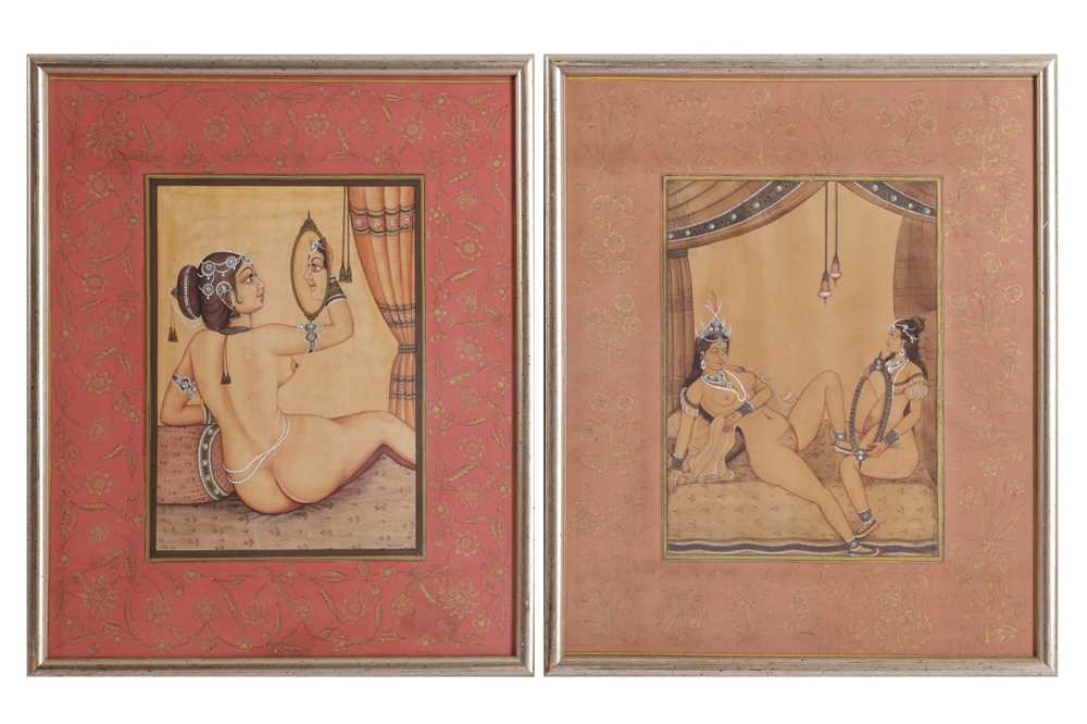 A SET OF FOUR INDIAN PAINTED AND DECORATED PRINTED EROTIC SCENES, IN THE 18TH CENTURY STYLE