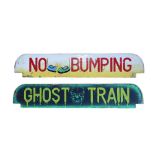 TWO ORIGINAL PAINTED WOOD FAIRGROUND SIGNS 'GHOST TRAIN' AND 'NO BUMPING'