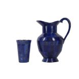 A LAPIS VENEERED AND BRASS MOUNTED JUG AND CUP SET