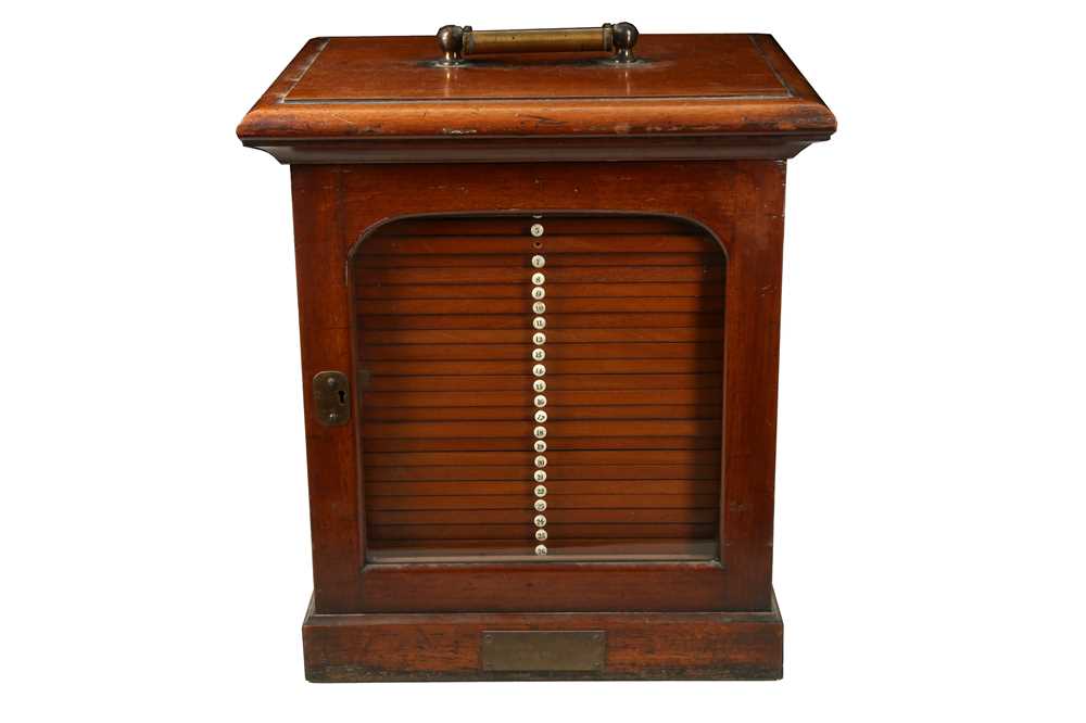 A VICTORIAN MAHOGANY MICROSCOPE SLIDE CABINET INSCRIBED 'LIVERPOOL MICROSCOPICAL SOCIETY