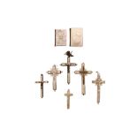 SIX 19TH CENTURY JERUSALEM MOTHER OF PEARL DECORATED CRUCIFIXES TOGETHER WITH TWO BOOKS