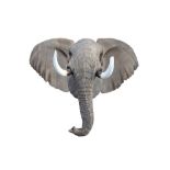 TAXIDERMY INTEREST: A FINE LIFESIZE FIBREGLASS MODEL OF AN AFRICAN BULL ELEPHANT HEAD BY NICO VAN RO