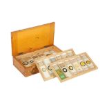 A COLLECTION OF 19TH AND 20TH CENTURY SPECIMEN MICROSCOPE SLIDES IN A PINE BOX