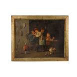 A 19TH CENTURY PRIMITIVE OIL ON BOARD PAINTING OF A DENTIST'S SCENE