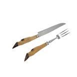 TAXIDERMY: ROE DEER HOOF HANDLED CUTLERY PAIR, MID 20TH CENTURY