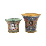 TWO QAJAR POLYCHROME-PAINTED ENAMELLED COPPER QALYAN CUPS Iran, 19th century