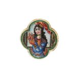 A QAJAR POLYCHROME-PAINTED ENAMELLED GOLD PLAQUE WITH A COURTLY MAIDEN Iran, 19th century