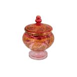 A LARGE GILT AND ENAMELLED PINK GLASS LIDDED BOWL Possibly Bohemia, Czech Republic for the Iranian e