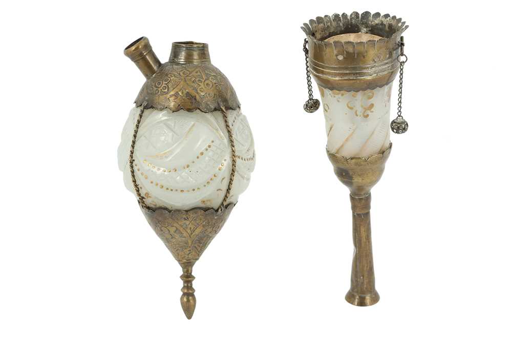 A GILT DIAMOND-CUT OPALINE GLASS QALYAN BOTTLE AND CUP Iran, late 19th - early 20th century - Image 4 of 5