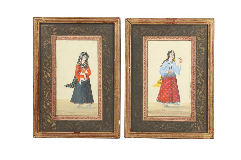 TWO SMALL ALBUM PAGES WITH PORTRAITS OF QAJAR BEAUTIES Qajar Iran, 19th century