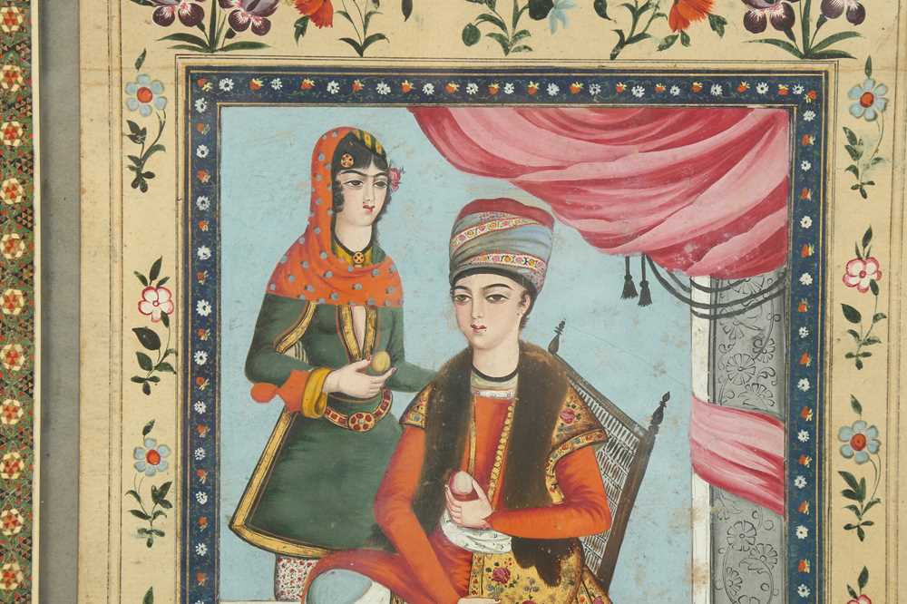 AN INTERIOR SCENE WITH A COUPLE AND A TURKEY Iran, dated 1199 AH (1784 - 85), signed Muhammad ibn Kh - Image 2 of 3