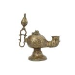 A KHORASAN-REVIVAL COPPER-INLAID BRASS OIL LAMP Possibly Khorasan, North-Eastern Iran, 19th century