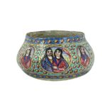 A SMALL QAJAR POLYCHROME-PAINTED ENAMELLED COPPER BOWL Iran, 19th century