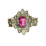 A LOW-GRADE SILVER FILIGREE BRACELET SET WITH A LARGE EMERALD-CUT SYNTHETIC RUBY Possibly Ottoman Tu