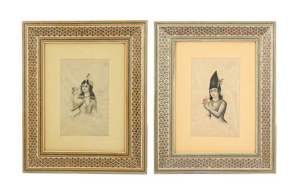 TWO TINTED PORTRAIT SKETCHES OF A QAJAR YOUTH AND A QAJAR LADY Qajar Iran, dated 1315 AH (1897) and