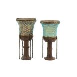 TWO TURQUOISE-INSET GILT COPPER QALYAN CUPS WITH WOODEN STEMS Qajar Iran, 19th century
