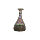 A QAJAR GILT AND ENAMELLED SILVER AND LEATHER QALYAN BOTTLE Iran, 19th century