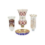 THREE WHEEL-CUT, DIAMOND-CUT AND GILT GLASS LAMP COVERS AND A DISH Possibly Bohemia, Czech Republic,