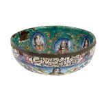 A SMALL QAJAR POLYCHROME-PAINTED ENAMELLED COPPER BOWL Iran, 19th century