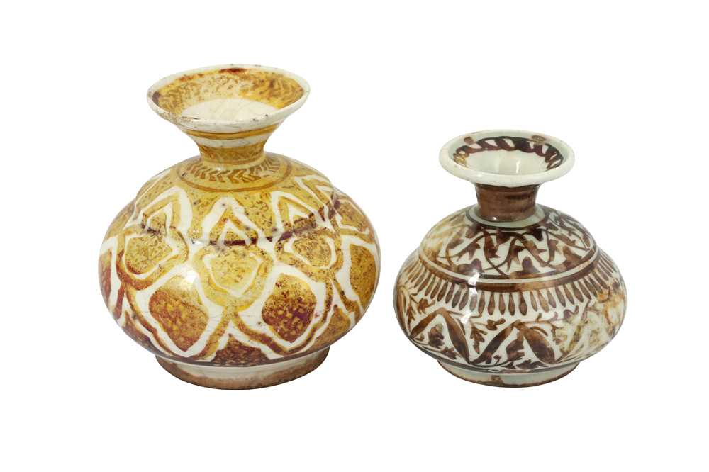 TWO SAFAVID COPPER LUSTRE-PAINTED POTTERY BOTTLES Iran, 17th century