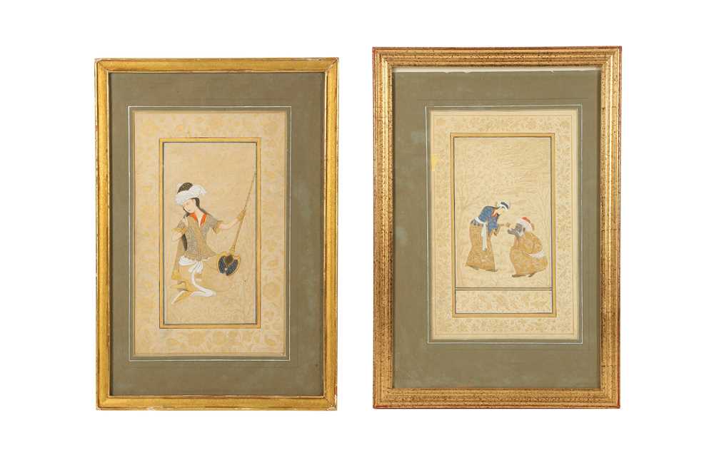 TWO ARCHAISTIC SAFAVID-REVIVAL TINTED DRAWINGS Iran, late 19th - first half 20th century