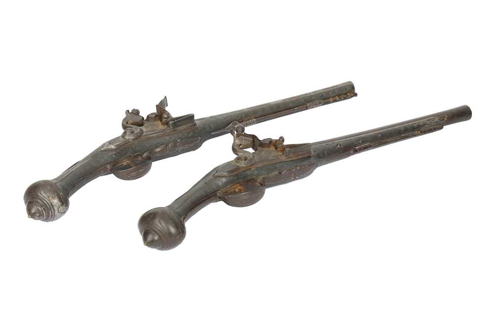 A PAIR OF SILVER-INLAID FLINTLOCK HOLSTER PISTOLS (KUBUR) Ottoman Provinces, mid to late 19th centur - Image 2 of 5