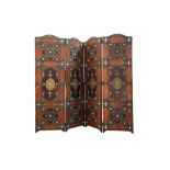 A LARGE FOUR-FOLD EMBOSSED AND TOOLED LEATHER SCREEN Possibly France or the Netherlands, dated Ramad