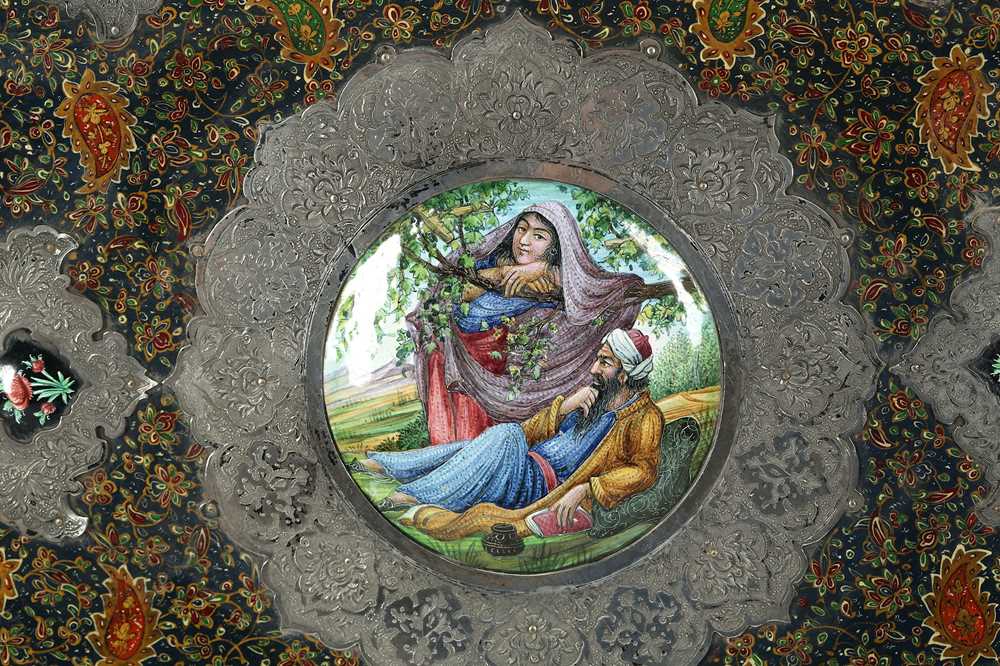 A POLYCHROME-PAINTED, LACQUERED AND ENAMELLED ALBUM COVER WITH KHATAMKARI Possibly Isfahan, Iran, la - Image 3 of 12