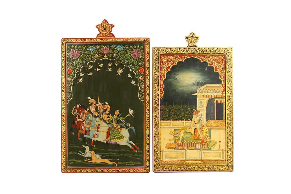 TWO INDIAN POLYCHROME-PAINTED LACQUERED PANELS Possibly Kishangarh, Rajasthan, North-Western India,