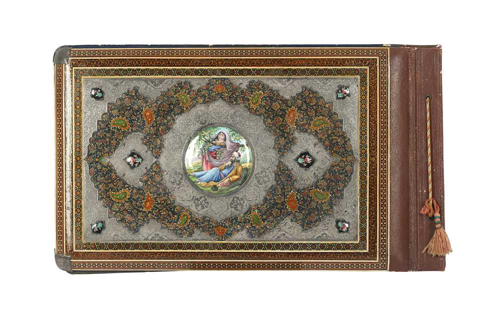 A POLYCHROME-PAINTED, LACQUERED AND ENAMELLED ALBUM COVER WITH KHATAMKARI Possibly Isfahan, Iran, la