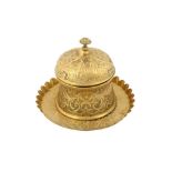 AN ENGRAVED AND REPOUSSÉ GILT COPPER (TOMBAC) LIDDED JAR AND TRAY Western Ottoman Provinces, mid to