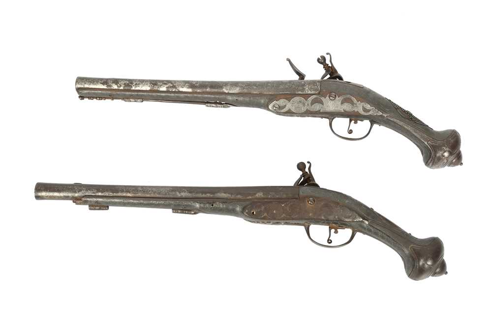 A PAIR OF SILVER-INLAID FLINTLOCK HOLSTER PISTOLS (KUBUR) Ottoman Provinces, mid to late 19th centur - Image 5 of 5