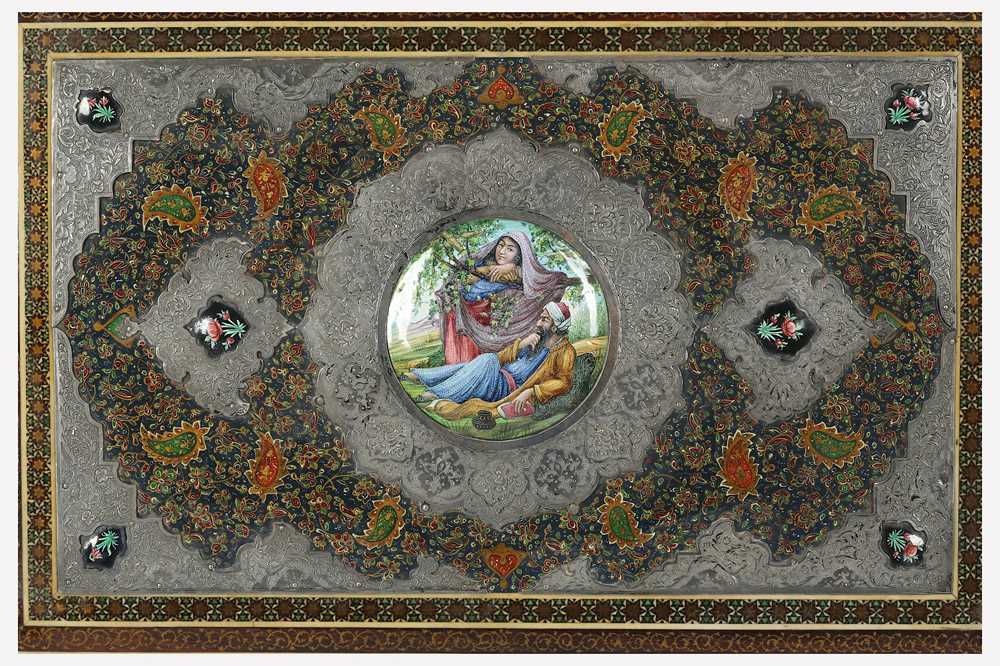 A POLYCHROME-PAINTED, LACQUERED AND ENAMELLED ALBUM COVER WITH KHATAMKARI Possibly Isfahan, Iran, la - Image 6 of 12