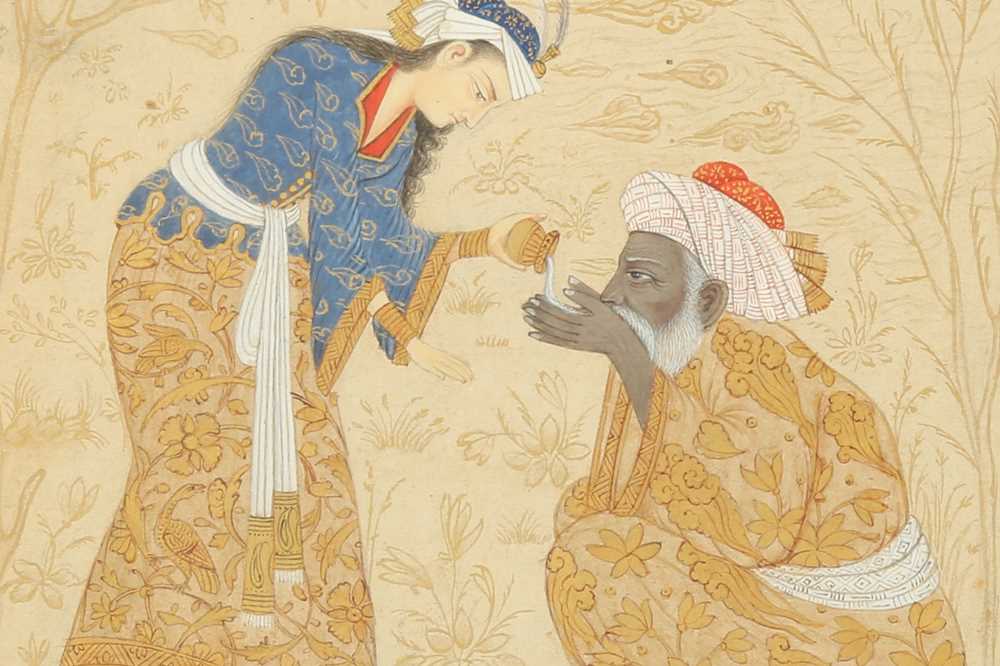 TWO ARCHAISTIC SAFAVID-REVIVAL TINTED DRAWINGS Iran, late 19th - first half 20th century - Image 2 of 6