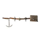 A LEATHER AND STEEL WARRIOR BELT WITH STEEL HOOKS, GUNPOWDER FLASK, TOOLS CASE AND MATTOCK Iran, 17t