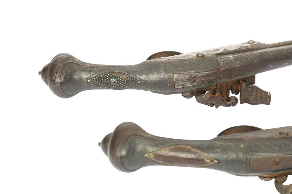 A PAIR OF SILVER-INLAID FLINTLOCK HOLSTER PISTOLS (KUBUR) Ottoman Provinces, mid to late 19th centur - Image 4 of 5