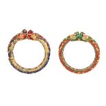 TWO GILT AND POLYCHROME-ENAMELLED BANGLES WITH PARROT HEADS Jaipur, Rajasthan, North-Western India,