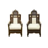 λ A PAIR OF MOTHER-OF-PEARL AND BONE-INLAID ORIENTALIST MASHRABIYA-STYLE ARMCHAIRS Egypt, mid to lat