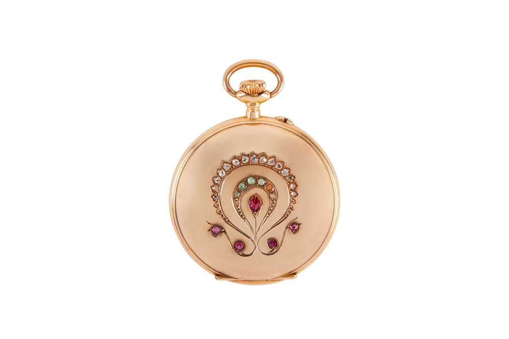 POCKET WATCH POCKET WATCH COURVOISIER FRÈRES, CHAUX DE FONDS, SWITZERLAND 14K GOLD, DIAMONDS AND RUB