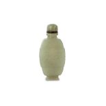 A CHINESE PALE CELADON JADE 'TAOTIE MASK' SNUFF BOTTLE.