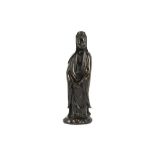 A CHINESE BRONZE STANDING FIGURE OF GUANYIN.