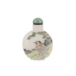 A CHINESE FAMILLE ROSE GLASS 'LIU HAI' SNUFF BOTTLE.