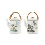 A PAIR OF CHINESE FAMILLE ROSE TEAPOTS.