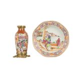 A CHINESE CANTON FAMILLE ROSE VASE AND AN OCTAGONAL DISH.