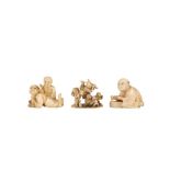 λ THREE IVORY FIGURAL NETSUKE.