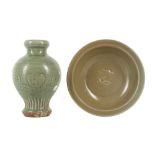 A CHINESE LONGQUAN CELADON 'FISH' BOWL TOGETHER WITH A VASE. Yuan, Ming Dynasty. The dish with a