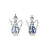 A NEAR-PAIR OF CHINESE BLUE AND WHITE 'LADIES' EWERS AND COVERS.