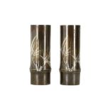 A PAIR OF JAPANESE MIX METAL ‘BAMBOO’ VASES.