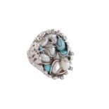 AN ABSTRACT PEARL TURQUOISE AND DIAMOND DRESS RING